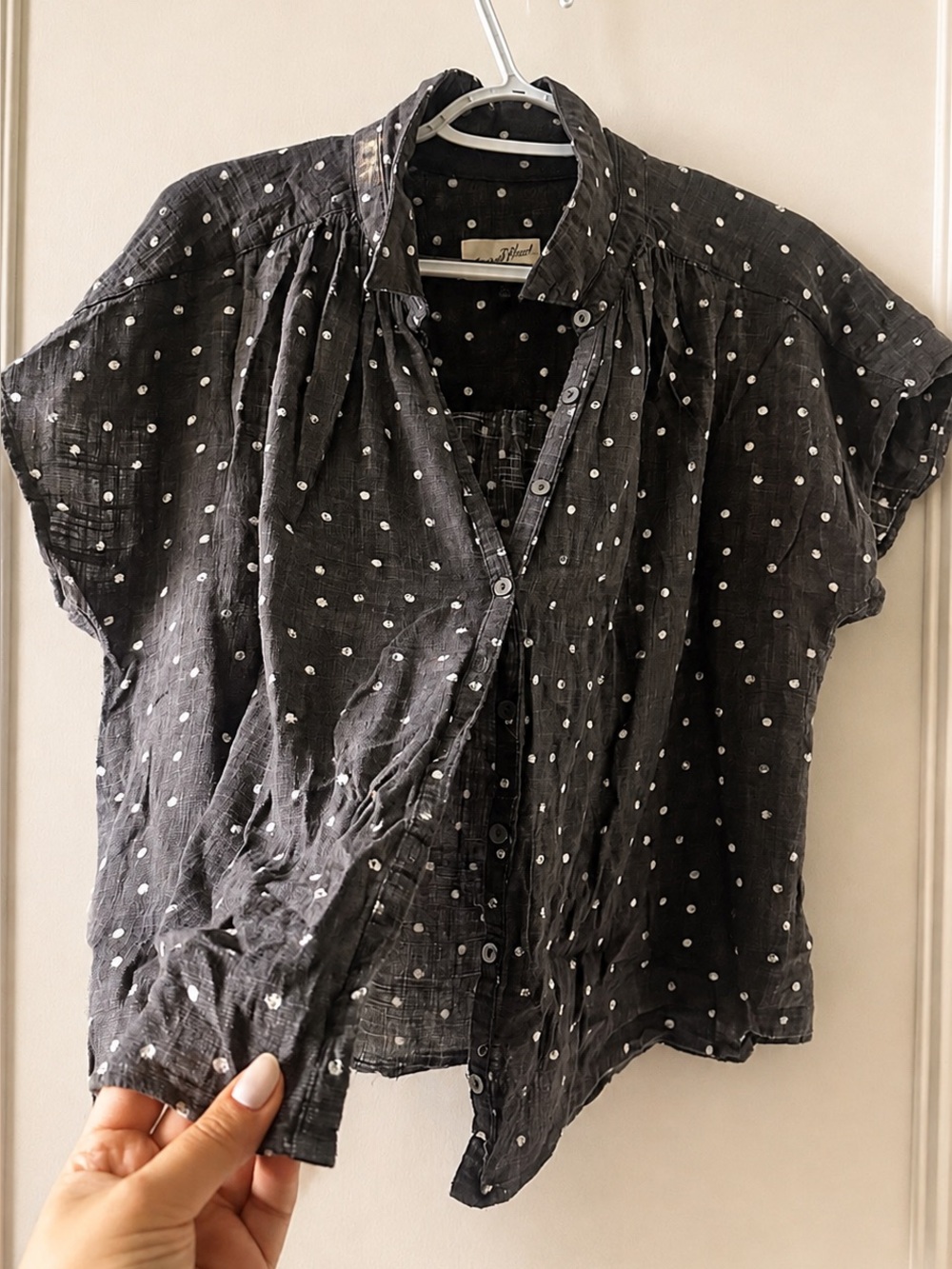 Women’s Short-Sleeve Button-Down Top with White Polka Dots